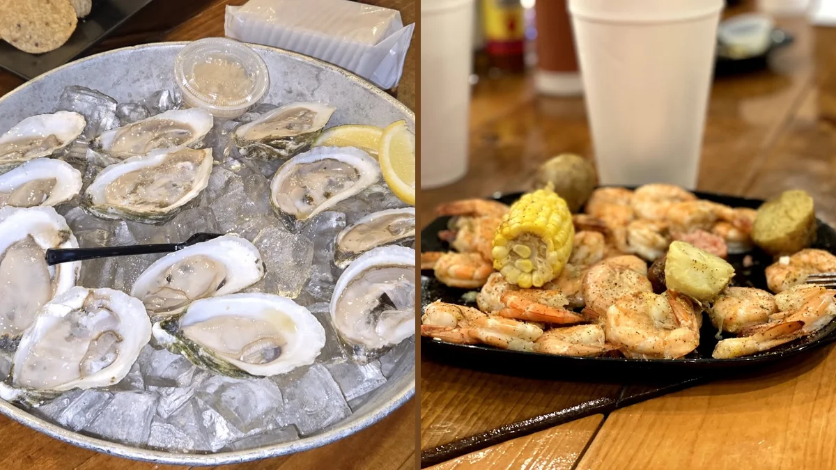 Fresh shellfish served on metal trays.
