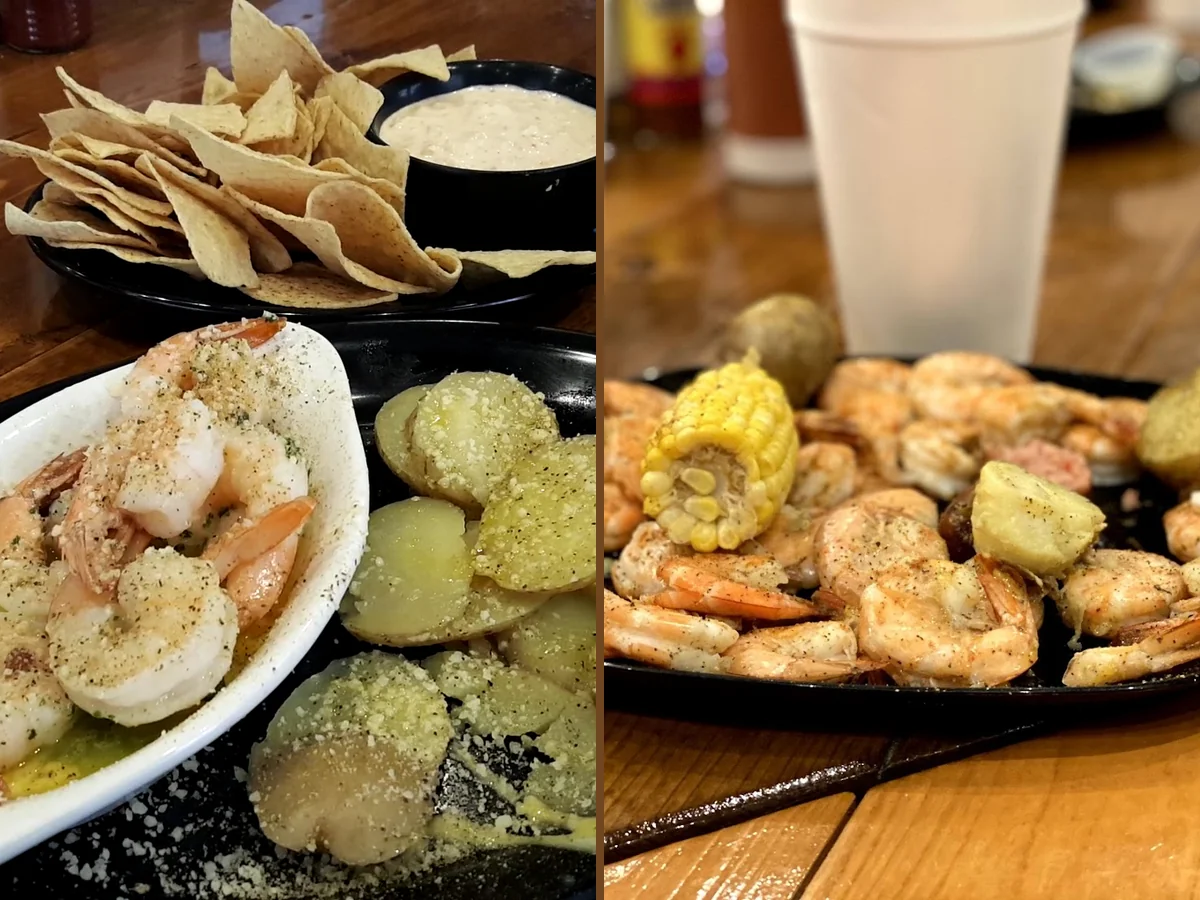 Seafood dishes on a dining table.
